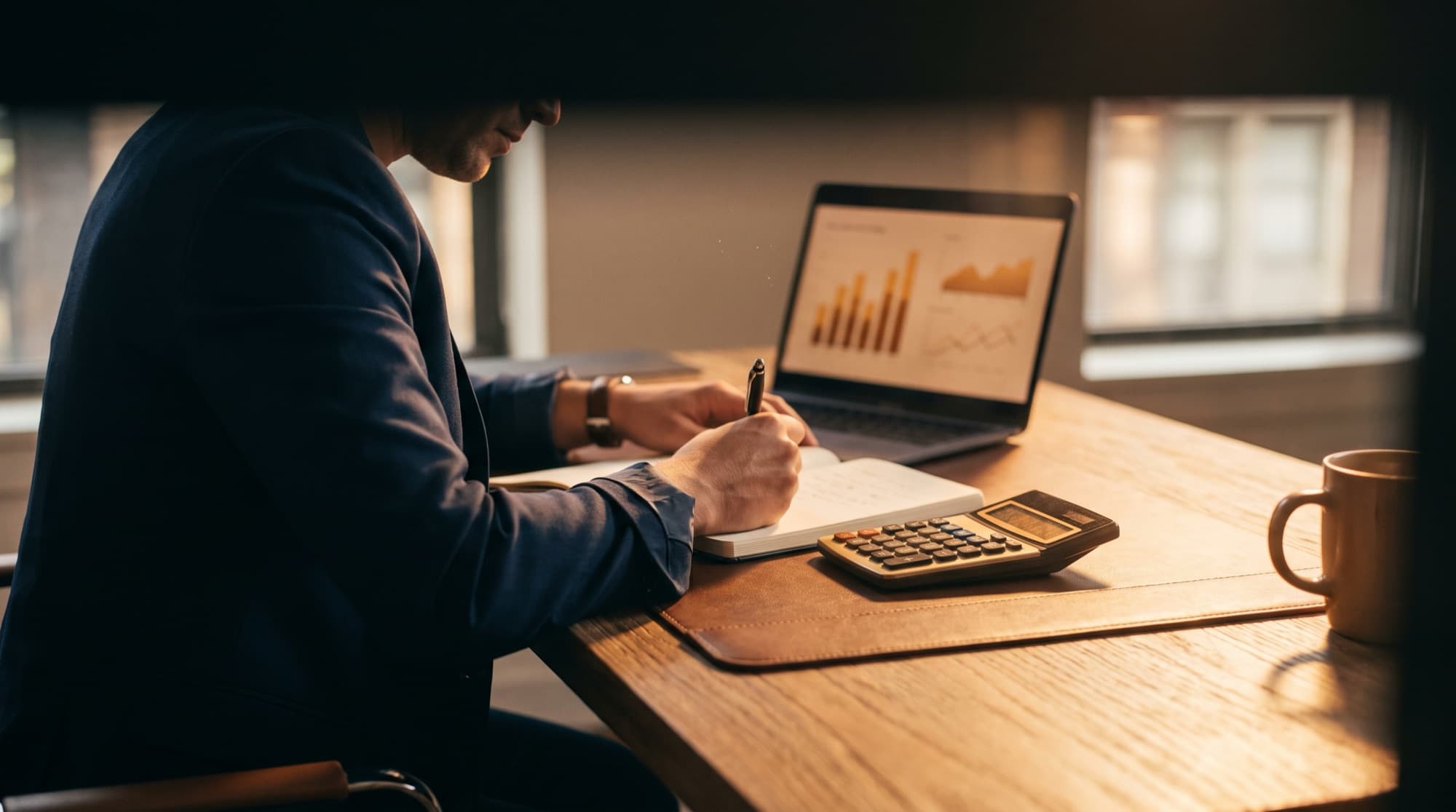 A professional reviewing outsourcing cost analysis with a calculator and charts