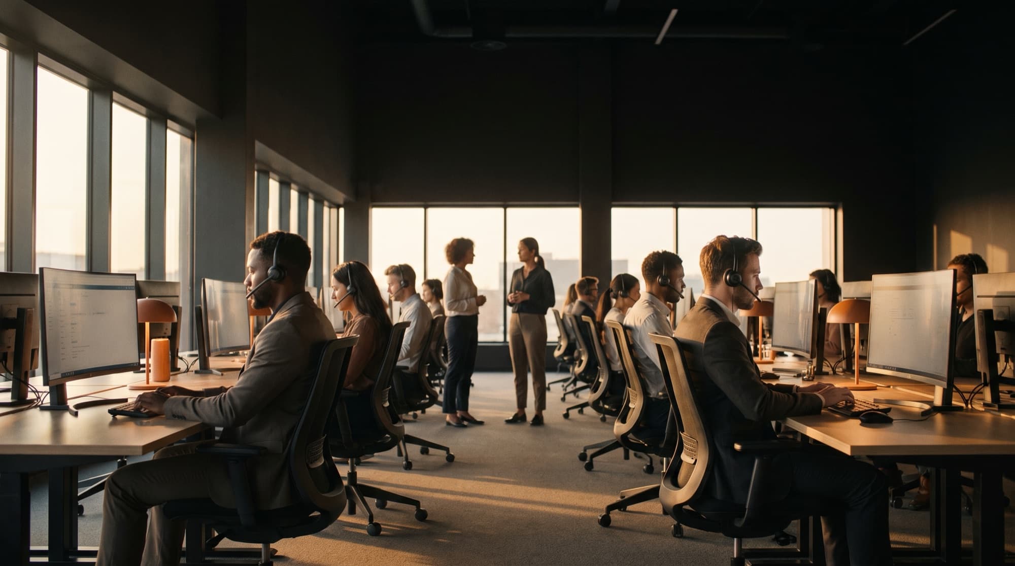 A modern call-centre operations floor with diverse agents taking calls