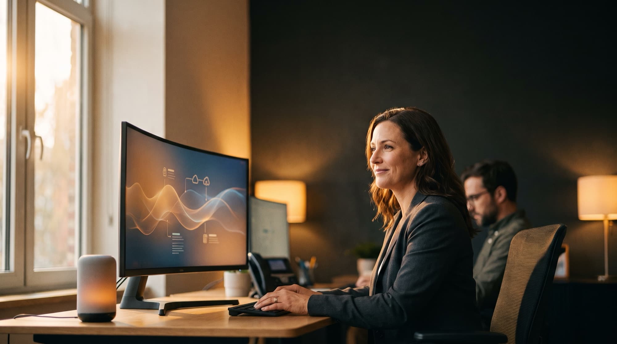A support professional working alongside an AI assistant interface in a modern office