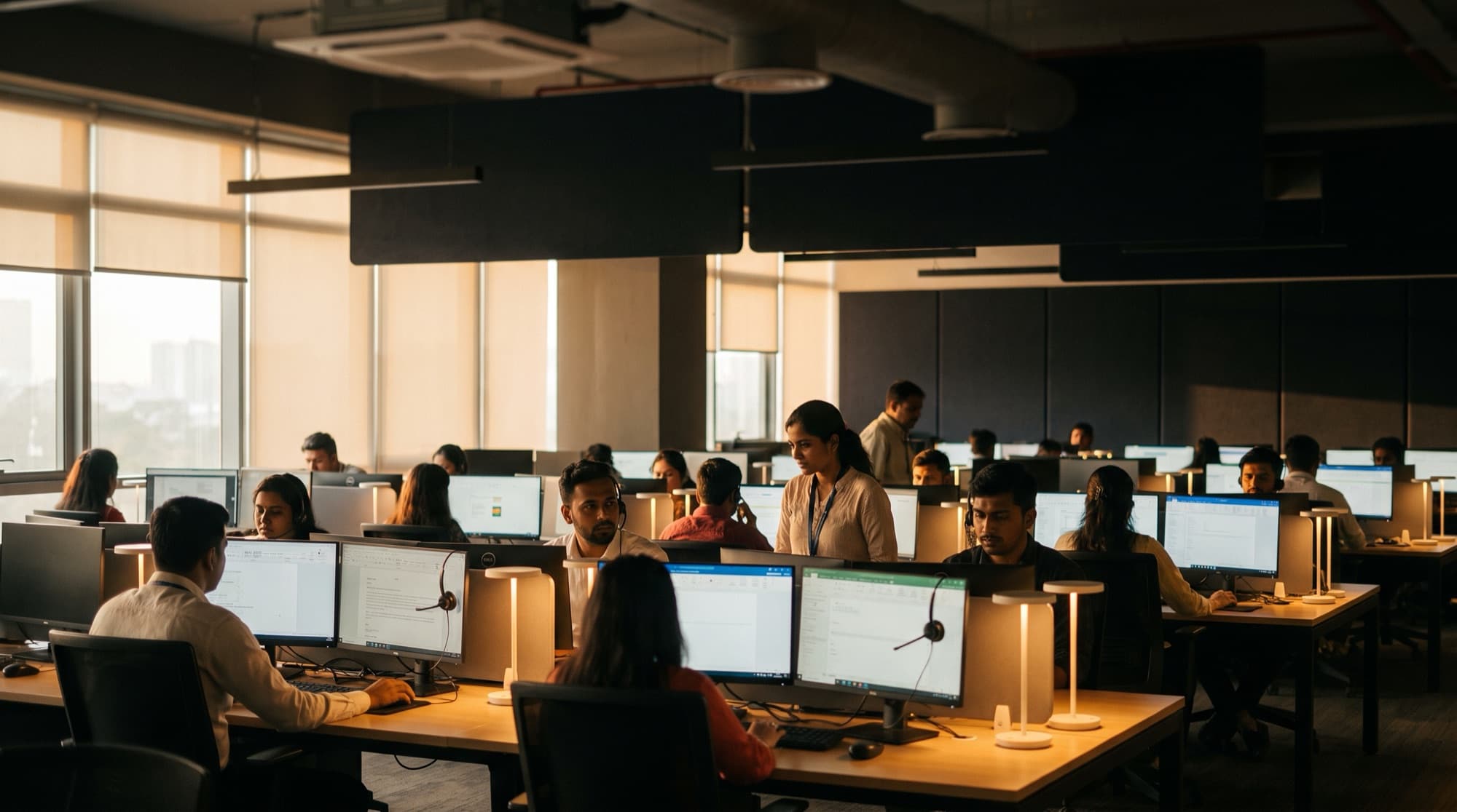 A modern BPO delivery floor in India with diverse agents at work
