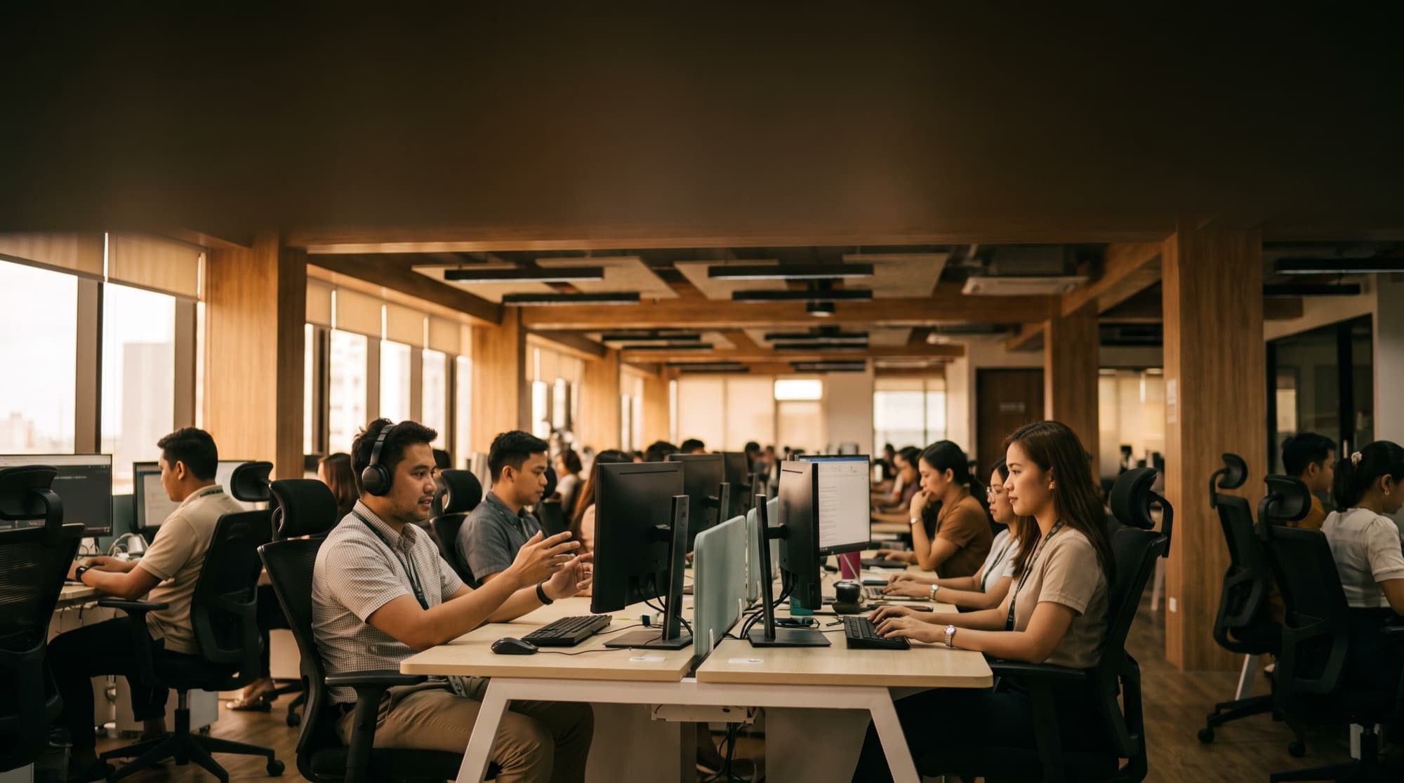 A modern BPO delivery floor in the Philippines with diverse agents at work