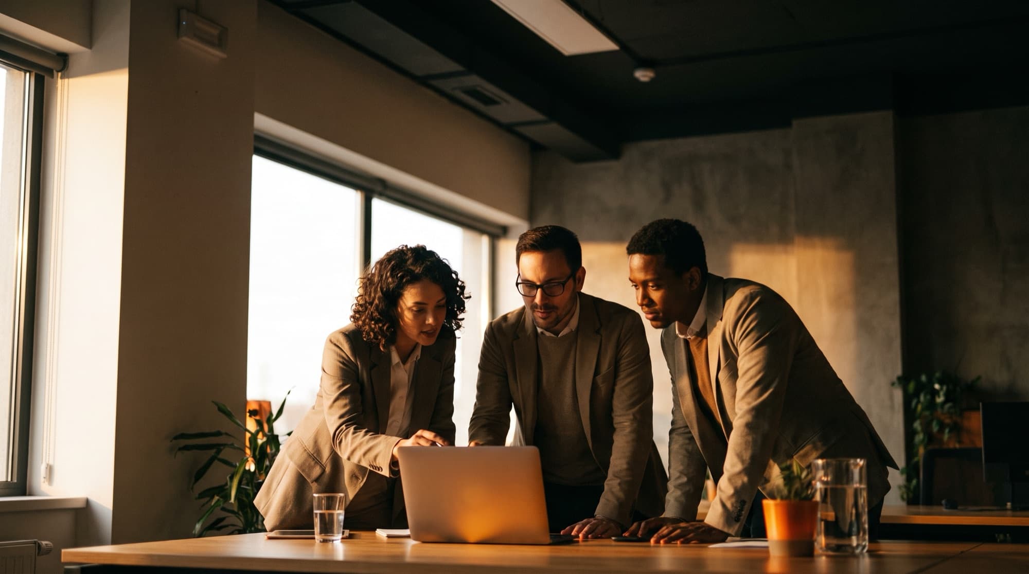 A customer-service team collaborating over a laptop in a modern office