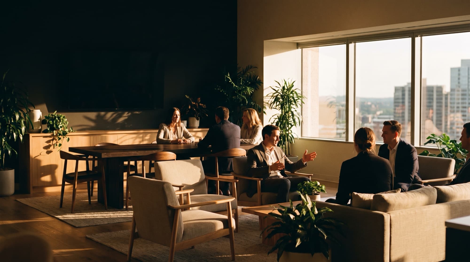 A calm modern insurance advisory office in warm light