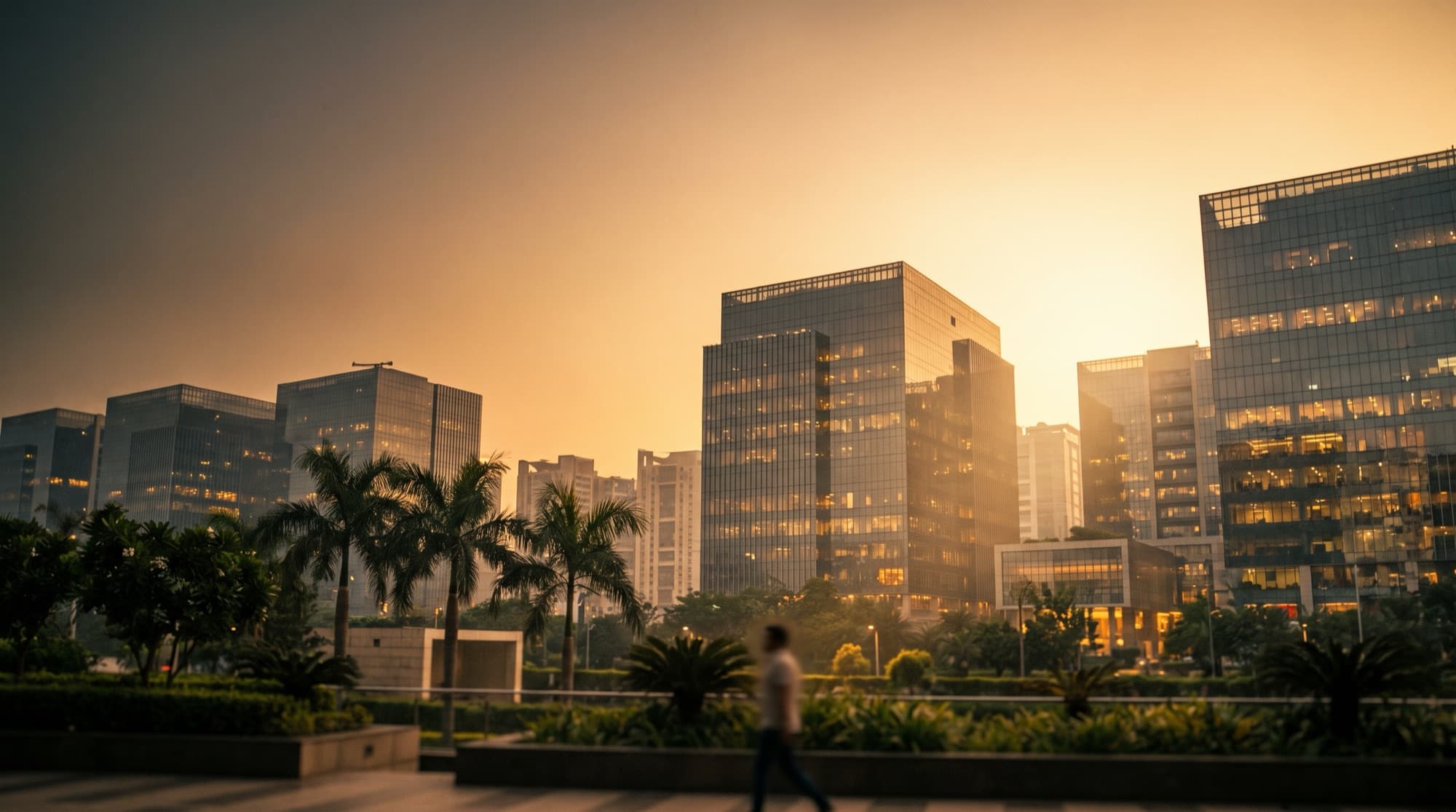Golden-hour skyline of a modern Indian technology-hub city framed by palm trees