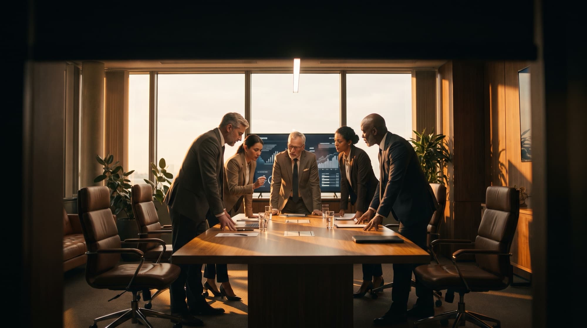 A diverse global-operations leadership team reviewing work together in a modern office