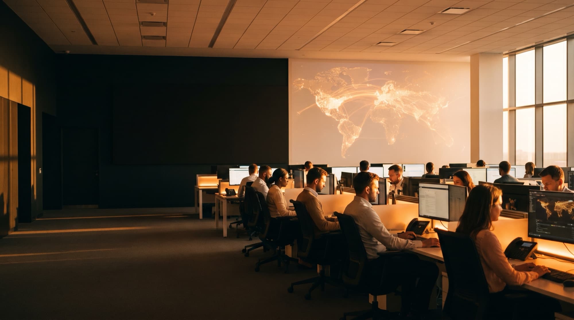 A modern global customer-experience operations center at golden hour