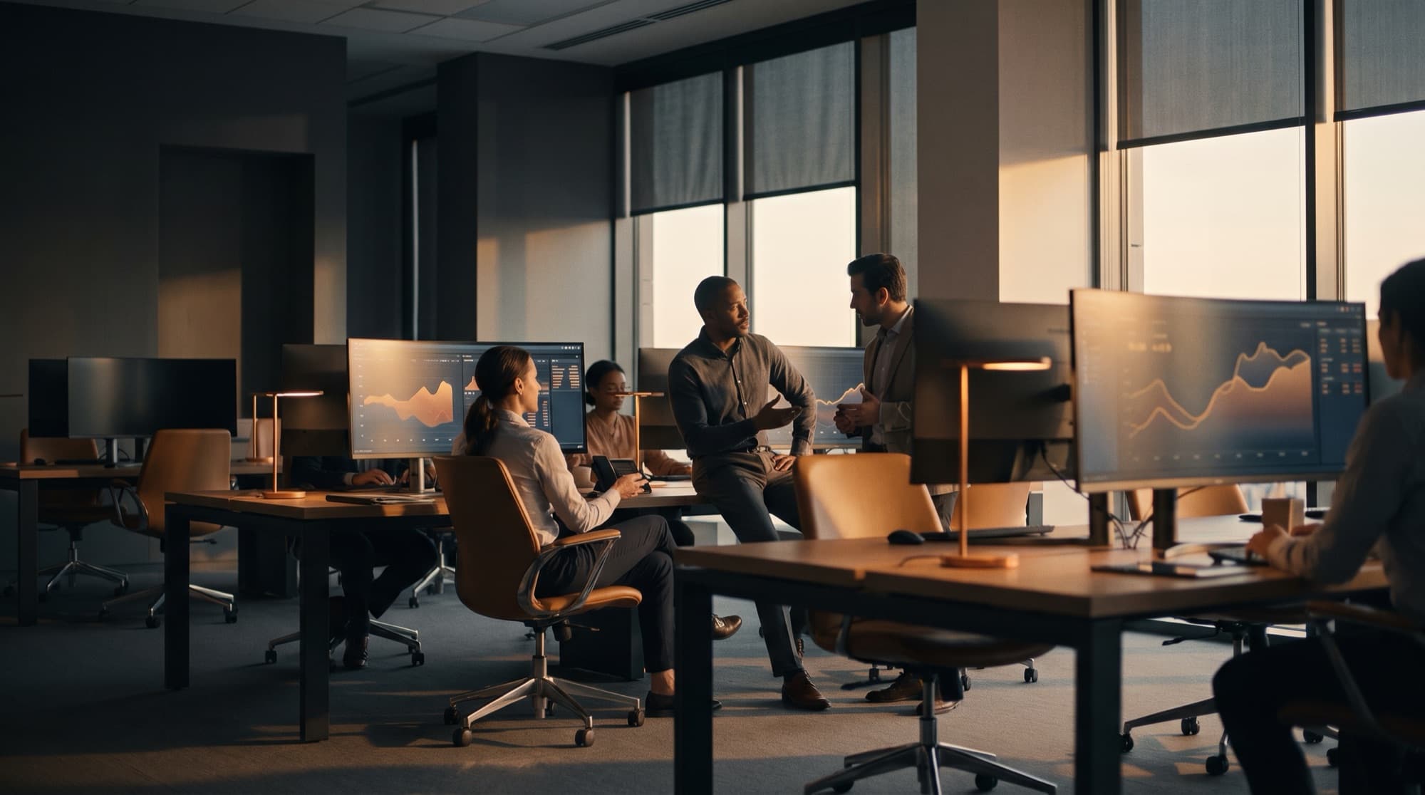 A modern financial-services analytics floor in warm light