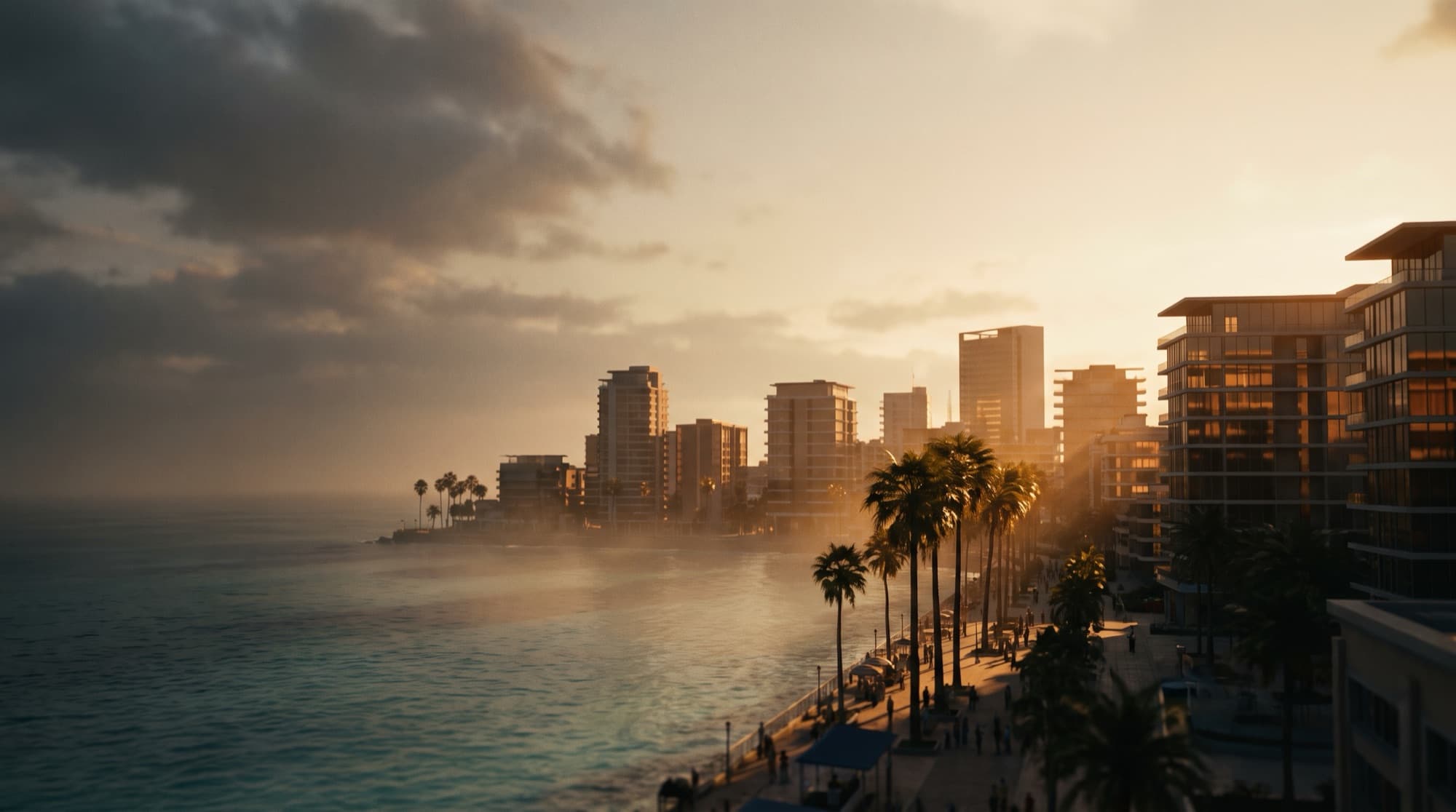 Golden-hour view of a modern Caribbean coastal city with palm trees