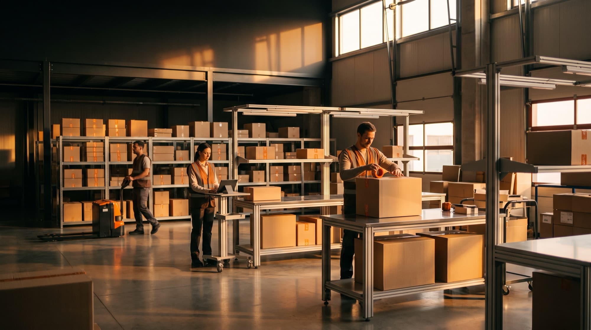 A modern e-commerce fulfilment warehouse in warm golden light