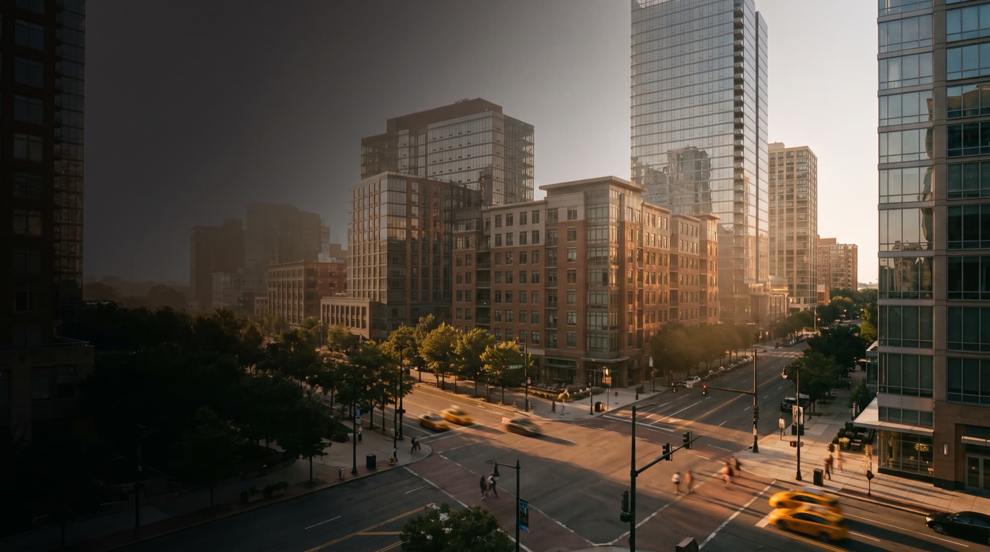 Golden-hour skyline of a modern American downtown