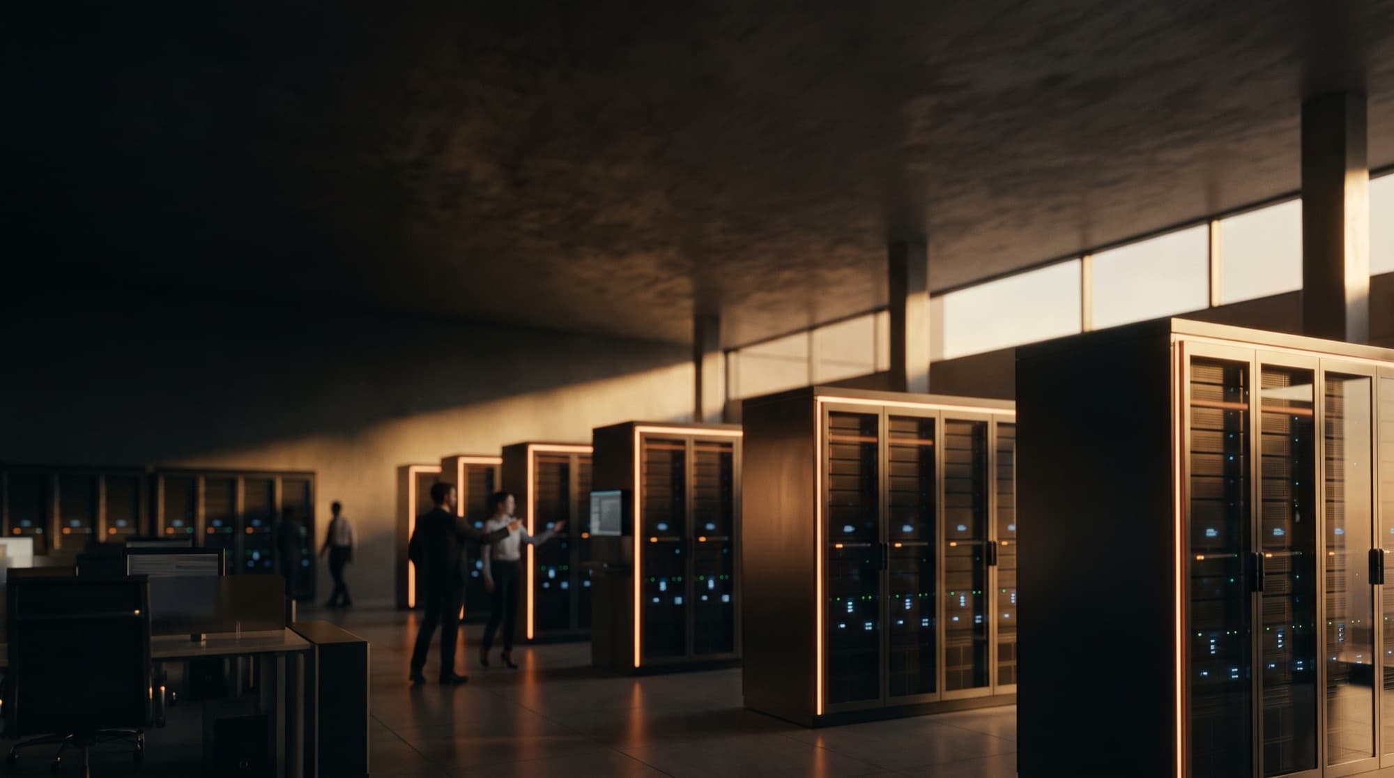 A modern data centre with warm accent lighting