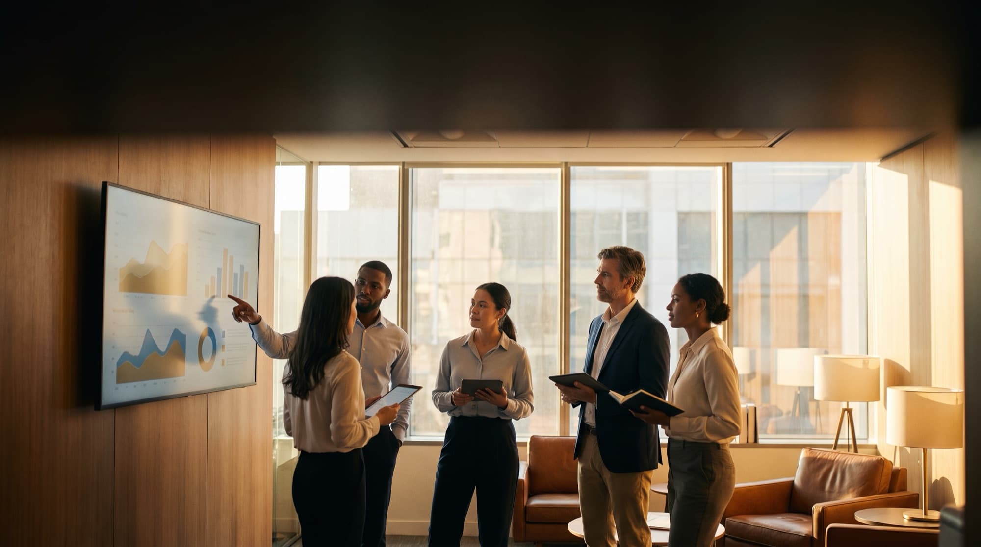 A customer-experience solutions team reviewing dashboards in a modern office