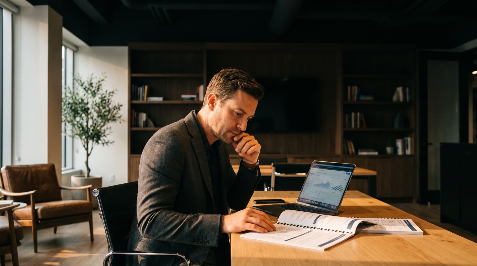 A professional comparing two outsourcing providers over reports and a laptop