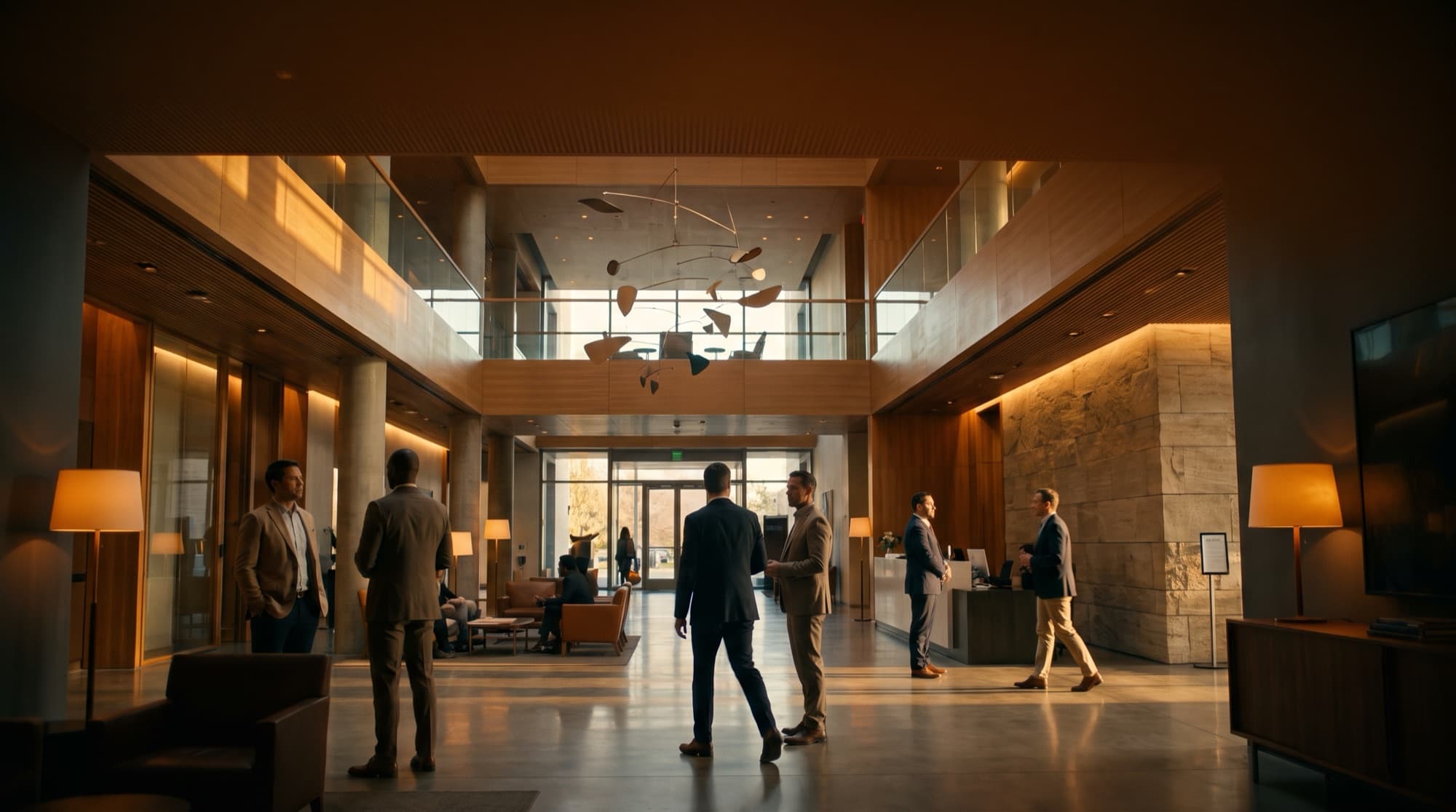 A premium modern corporate atrium with professionals, conveying global scale and quality