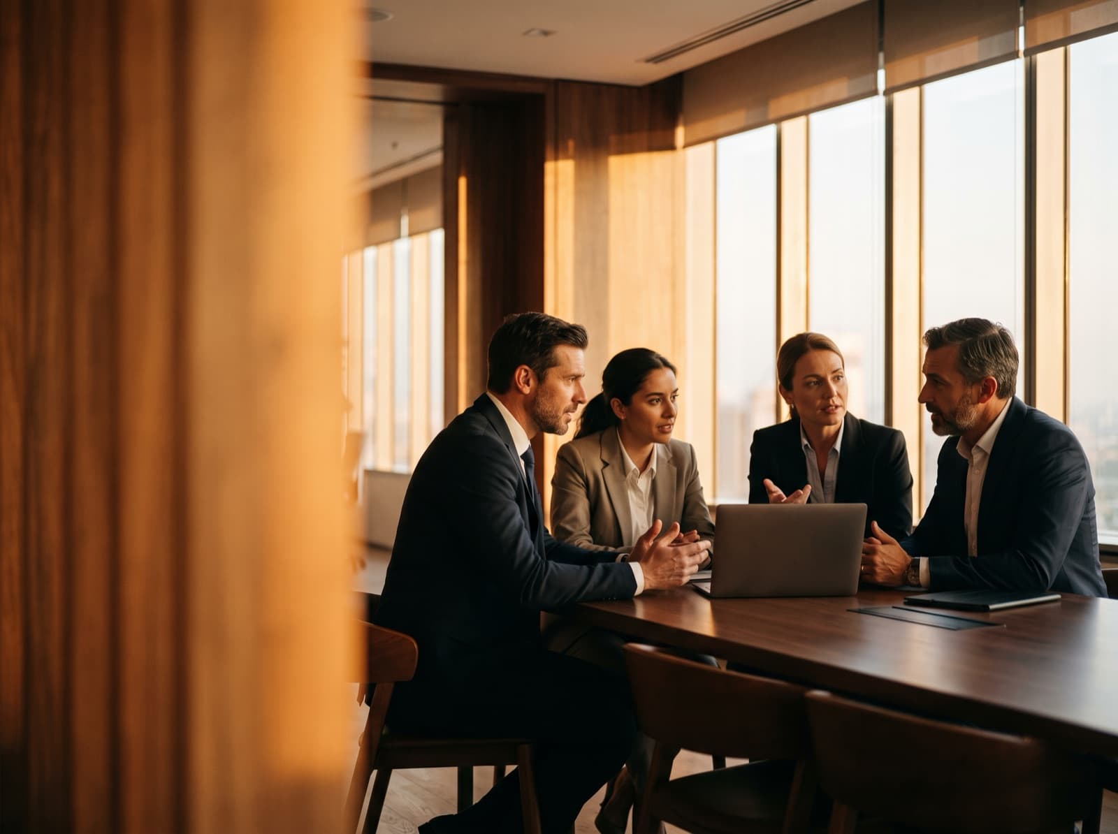 A financial-services support team collaborating around a laptop in a modern office