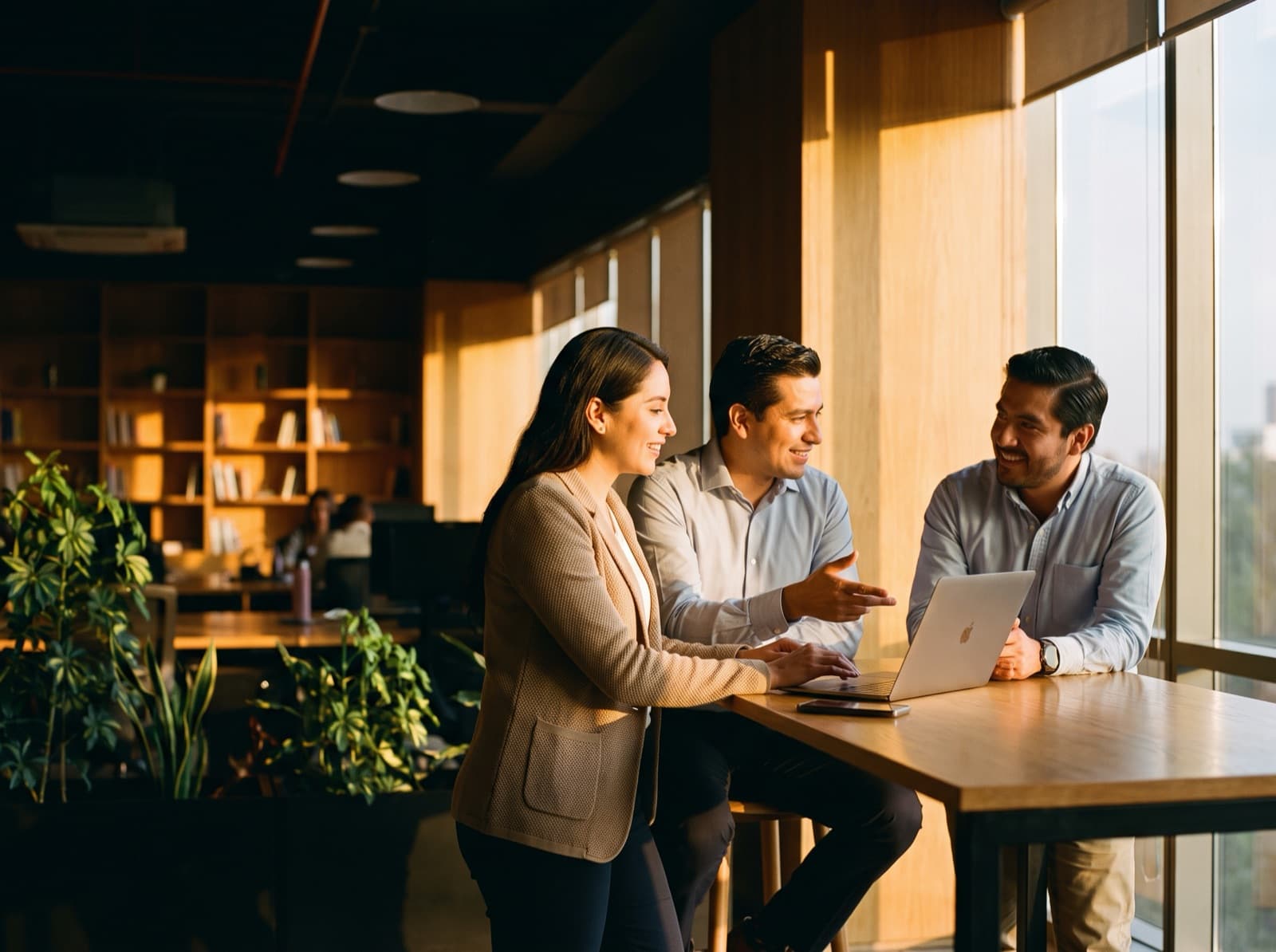 A team of Mexican customer-experience professionals collaborating around a laptop in a modern office