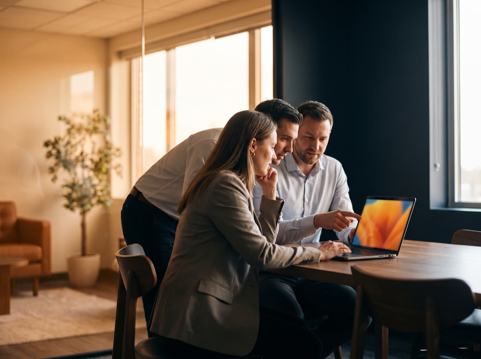 An e-commerce customer-experience team collaborating around a laptop in a modern office