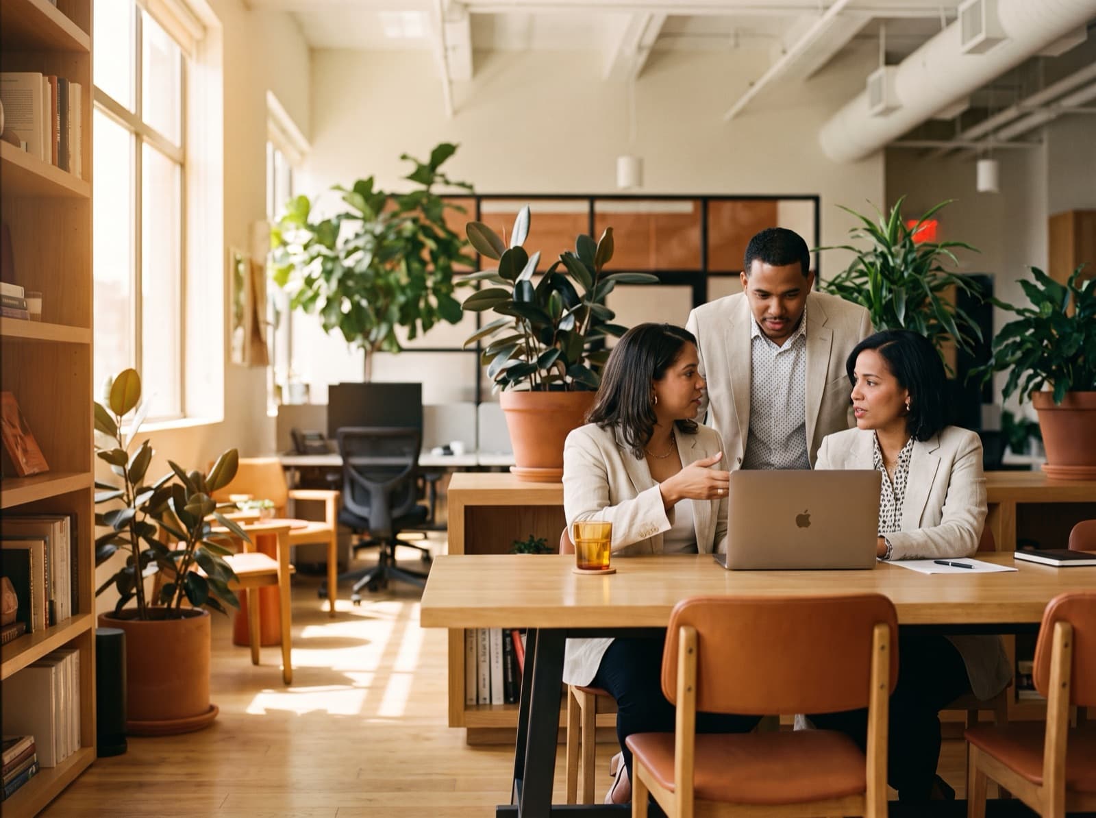 A team of Dominican customer-experience professionals collaborating around a laptop in a modern office