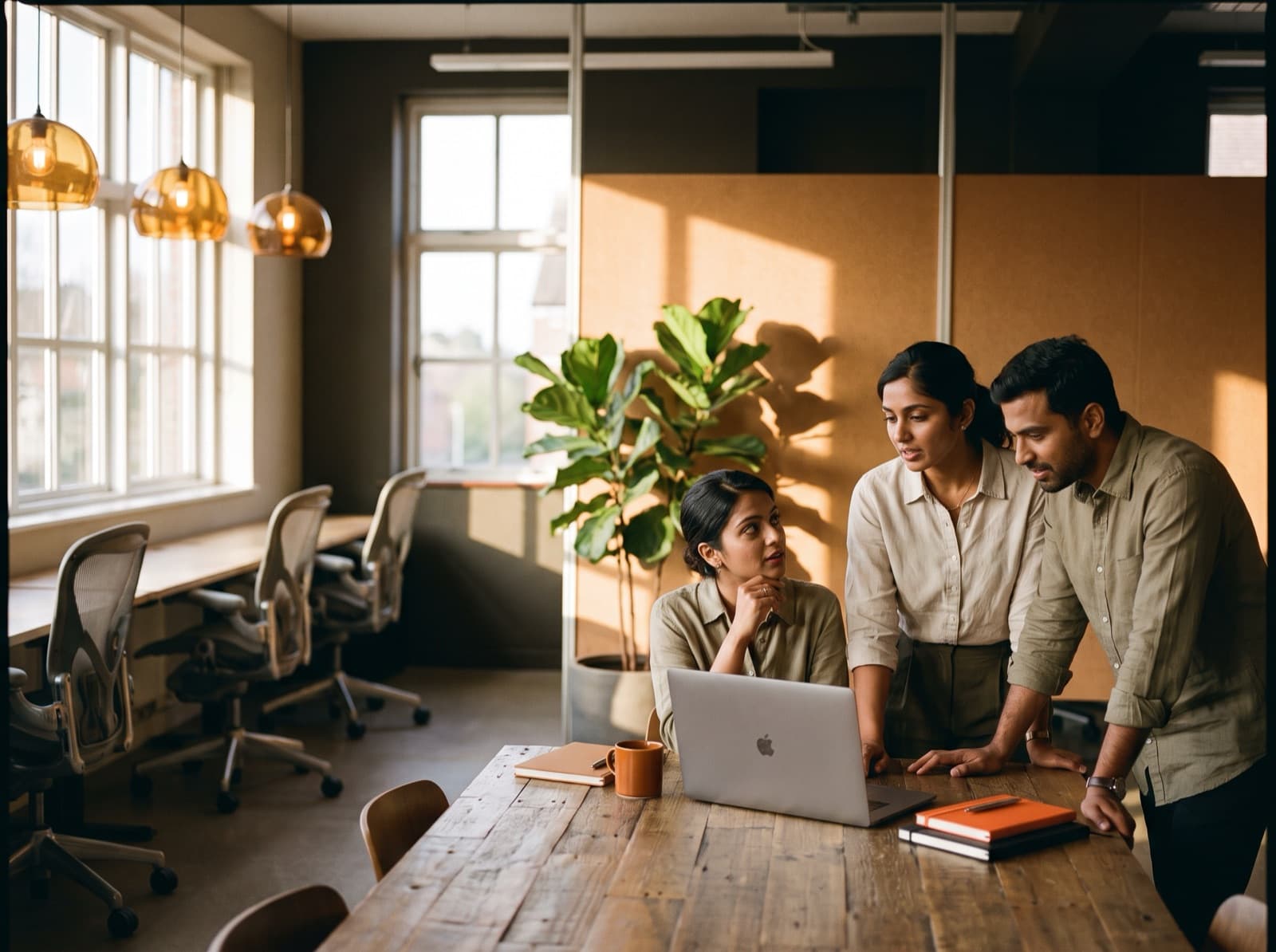 A team of Indian customer-experience professionals collaborating around a laptop in a modern office