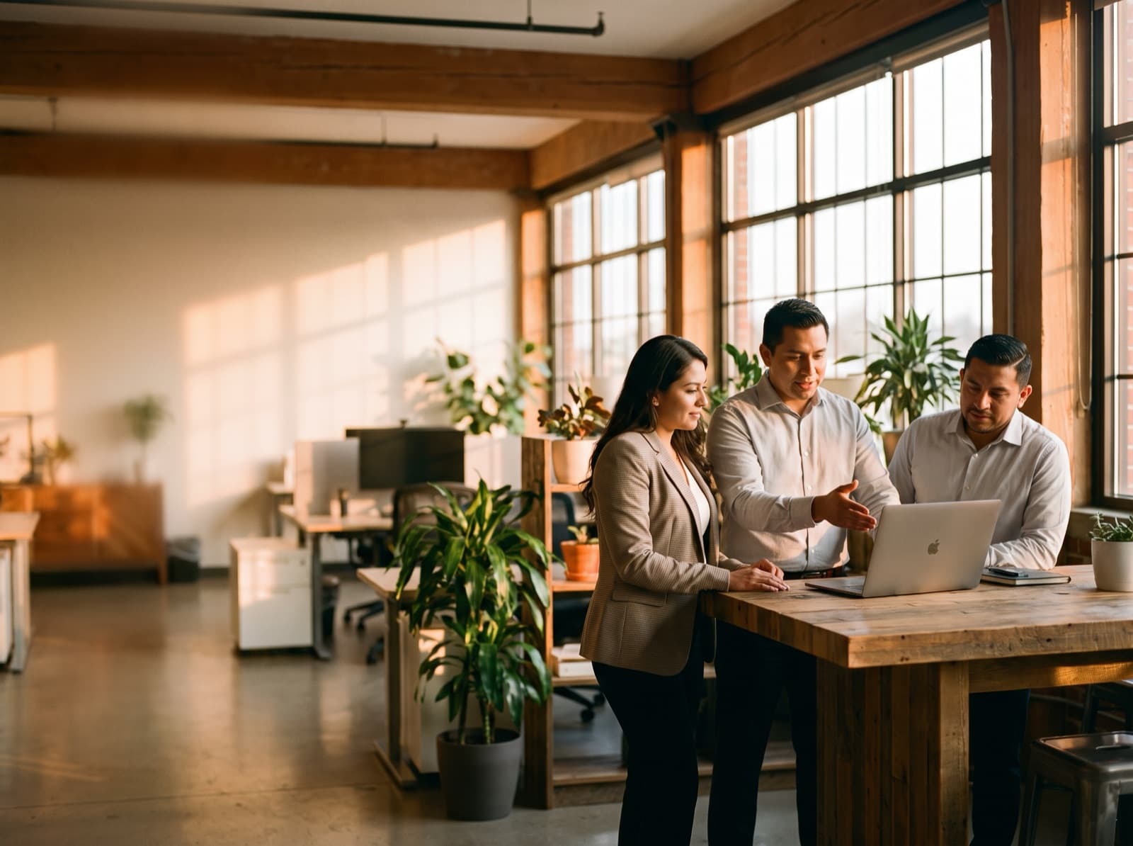 A team of Honduran customer-experience professionals collaborating around a laptop in a modern office
